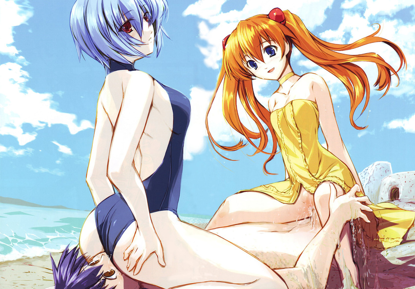 1boy 2girls artist_request ass ayanami_rei backless bare_shoulders beach blue_eyes brown_eyes casual_one-piece_swimsuit censored choker clothed_female_nude_male cowgirl_position cum cum_in_pussy cunnilingus dress femdom girl_on_top group_sex halterneck hetero highres ikari_shinji malesub multiple_girls neon_genesis_evangelion no_panties ocean one-piece_swimsuit oral outdoors penis pussy red_eyes reverse_spitroast sand sand_castle sand_sculpture sex sitting sitting_on_face sitting_on_person sky smile soryu_asuka_langley souryuu_asuka_langley straddling straight strapless strapless_dress swimsuit threesome twintails uncensored vaginal yellow_dress