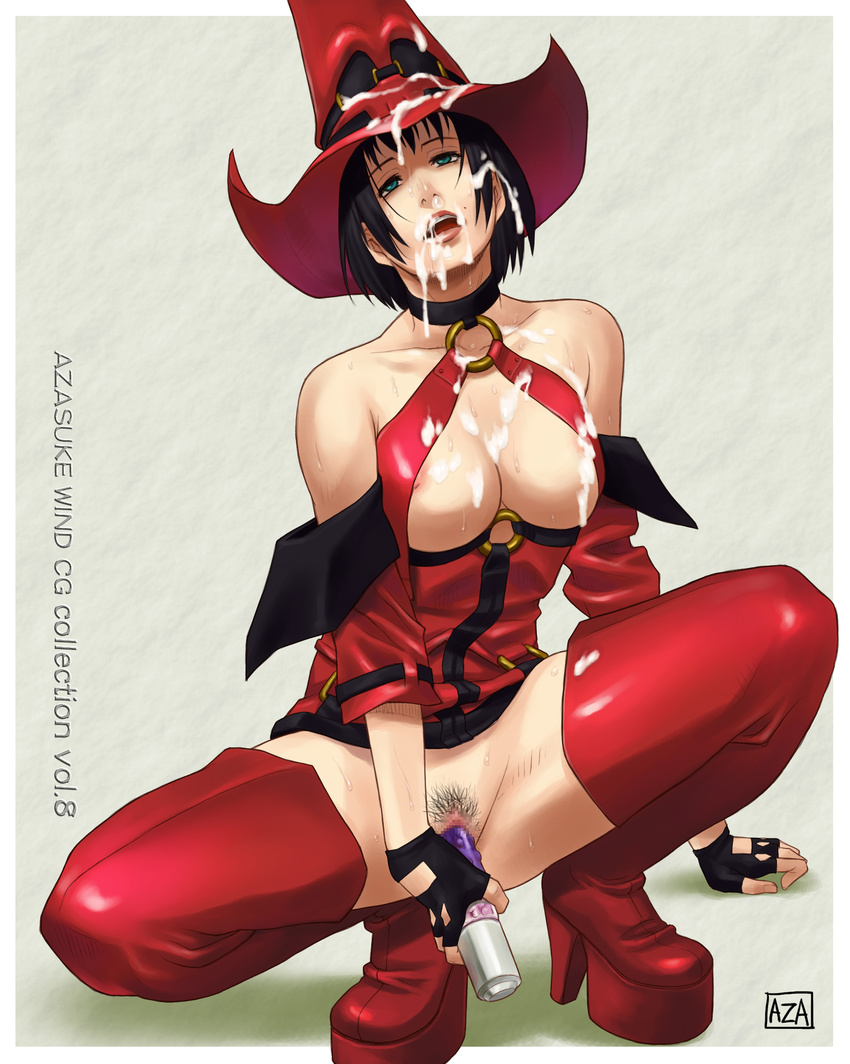 1girl arc_system_works arm_support azasuke bare_shoulders beauty_mark black_hair boots breasts censored choker cleavage cum cum_on_body cum_on_breasts cum_on_clothes cum_on_hair cum_on_upper_body cumdrip dildo facial fingerless_gloves gloves green_eyes guilty_gear hat highres i-no masturbation mole no_panties open_mouth pubic_hair short_hair solo spread_legs squatting sweat thigh_boots thighhighs vibrator witch_hat