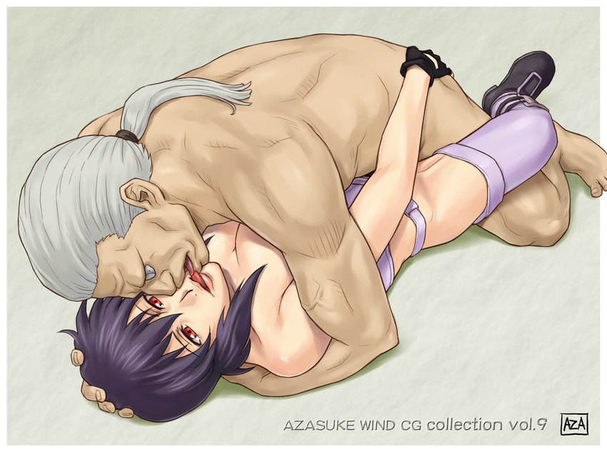 1girl ass ass_grab azasuke batou boots breasts cleavage clothed_sex cyborg fingerless_gloves ghost_in_the_shell gloves gray_hair grey_hair groping hand_on_head highres hug kiss kusanagi_motoko lying missionary nude ocular_implant on_back ponytail purple_hair red_eyes sex short_hair thighhighs tongue vaginal