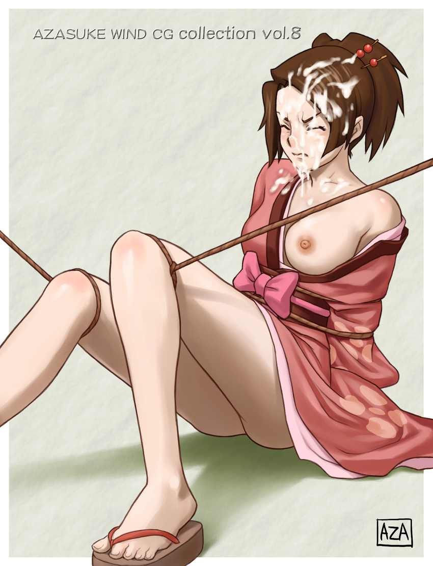 ass azasuke bdsm blush bondage bound bound_legs breast_slip breasts brown_hair cum cum_on_body cum_on_clothes cum_on_hair cum_on_upper_body cumdrip eyes_closed facial female fuu highres japanese_clothes kimono nipples no_bra no_panties one_breast_out open_clothes rope samurai_champloo sandals sitting solo toes