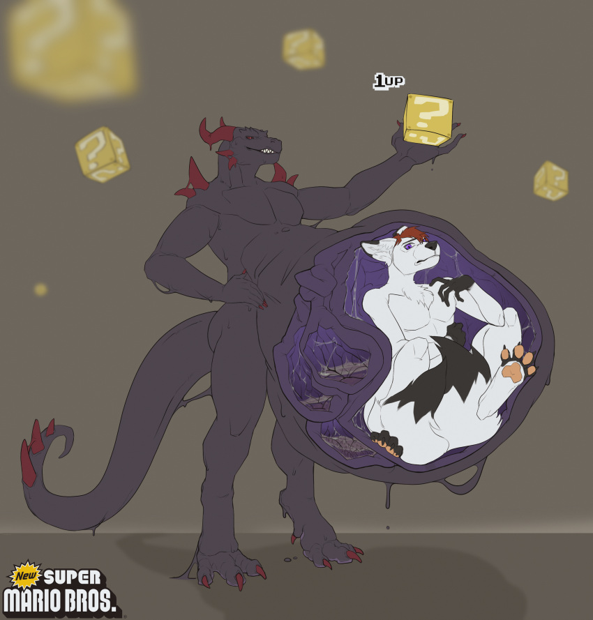 ?_block abdominal_bulge absurd_res anthro anthro_pred bodily_fluids canid canine canis cutaway detailed_internal devourer_(razor_koopa) diagramxslur dragon dripping english_text fangs feet flat_colors forced fox fully_inside gameplay_mechanics goo_creature goo_dragon goo_dripping guts hi_res horn inside_stomach intestines life_(gaming) logo male male_pred male_prey mammal multi_stomach muscular muscular_anthro muscular_male mythological_creature mythological_scalie mythology organs parody pawpads paws pure_(purethefloof) purple_body purple_flesh red_eyes same_size_vore scalie sharp_teeth simple_background spikes spread_toes stomach stomach_acid tail teeth text toes unwilling_prey vore worried worried_face worried_look