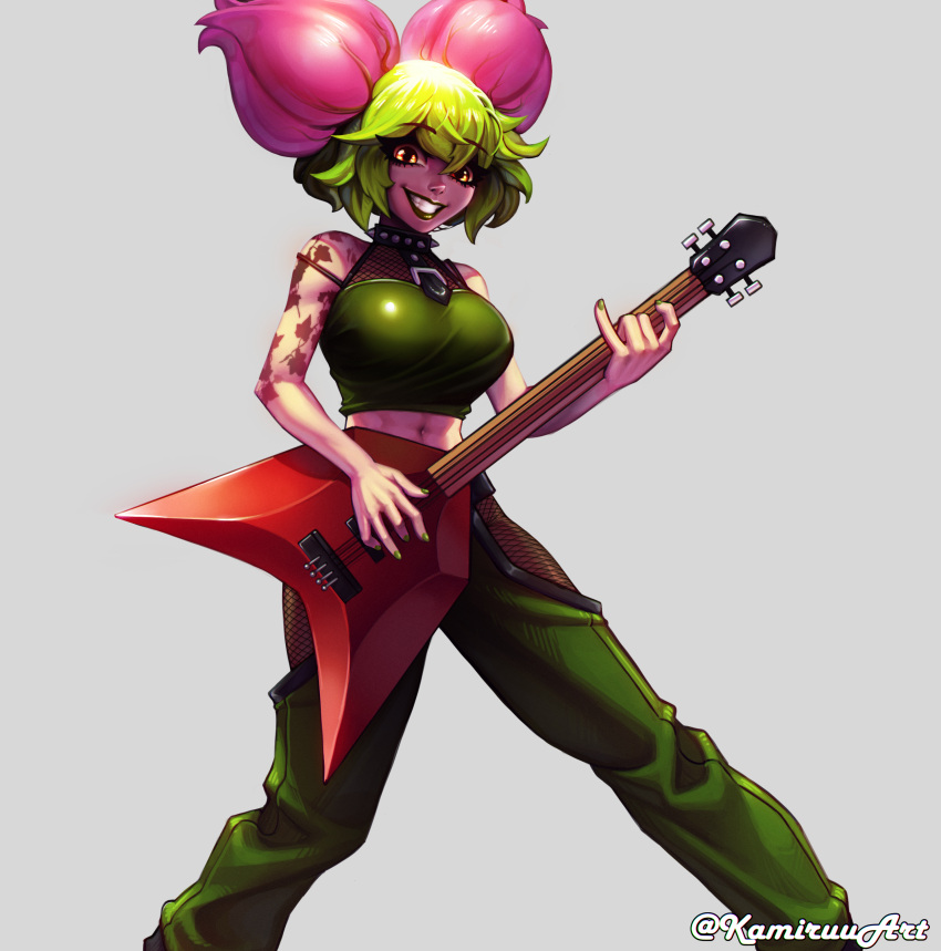 1girl abs absurdres arm_tattoo artist_name bud collar crop_top cropped_shirt electric_guitar flower green_hair green_pants grey_background grin guitar hair_between_eyes hair_flower hair_ornament highres humanization instrument kamiruu leaf_tattoo midriff monster_girl music original pants plant_girl plantera playing_instrument shoulder_tattoo simple_background smile solo spiked_collar spikes tattoo terraria the_axe_(terraria) yellow_eyes