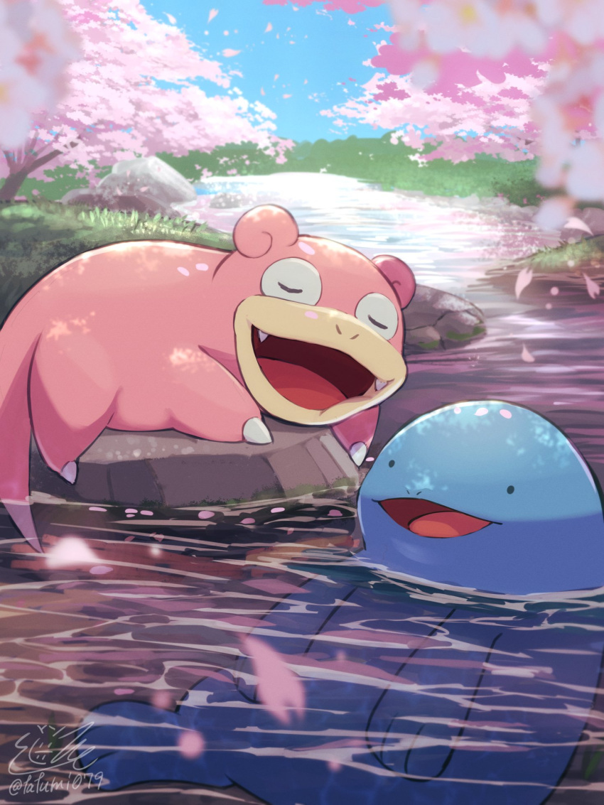 afloat animal_focus blue_skin blue_sky blurry blurry_foreground cherry_blossoms closed_eyes colored_skin commentary_request fang grass highres no_humans open_mouth outdoors pink_skin pokemon pokemon_(creature) quagsire river sky sleeping slowpoke solid_circle_eyes tail tatsumi_(panneko) tree water