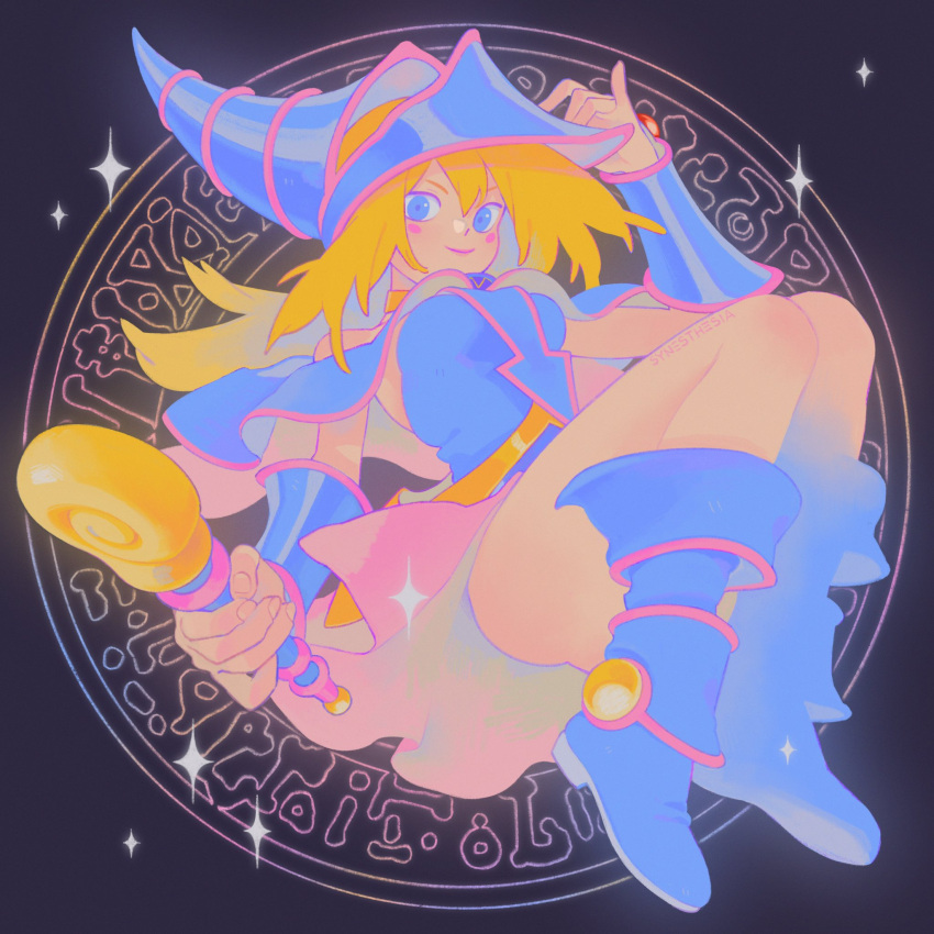 1girl adjusting_clothes adjusting_headwear artist_name black_background blonde_hair blue_dress blue_eyes blue_footwear blue_headwear blush_stickers breasts dark_magician_girl dress hat highres holding holding_staff legs long_hair magic_circle medium_breasts pink_hair solo sparkle staff synesthesia_fear witch witch_hat yu-gi-oh!