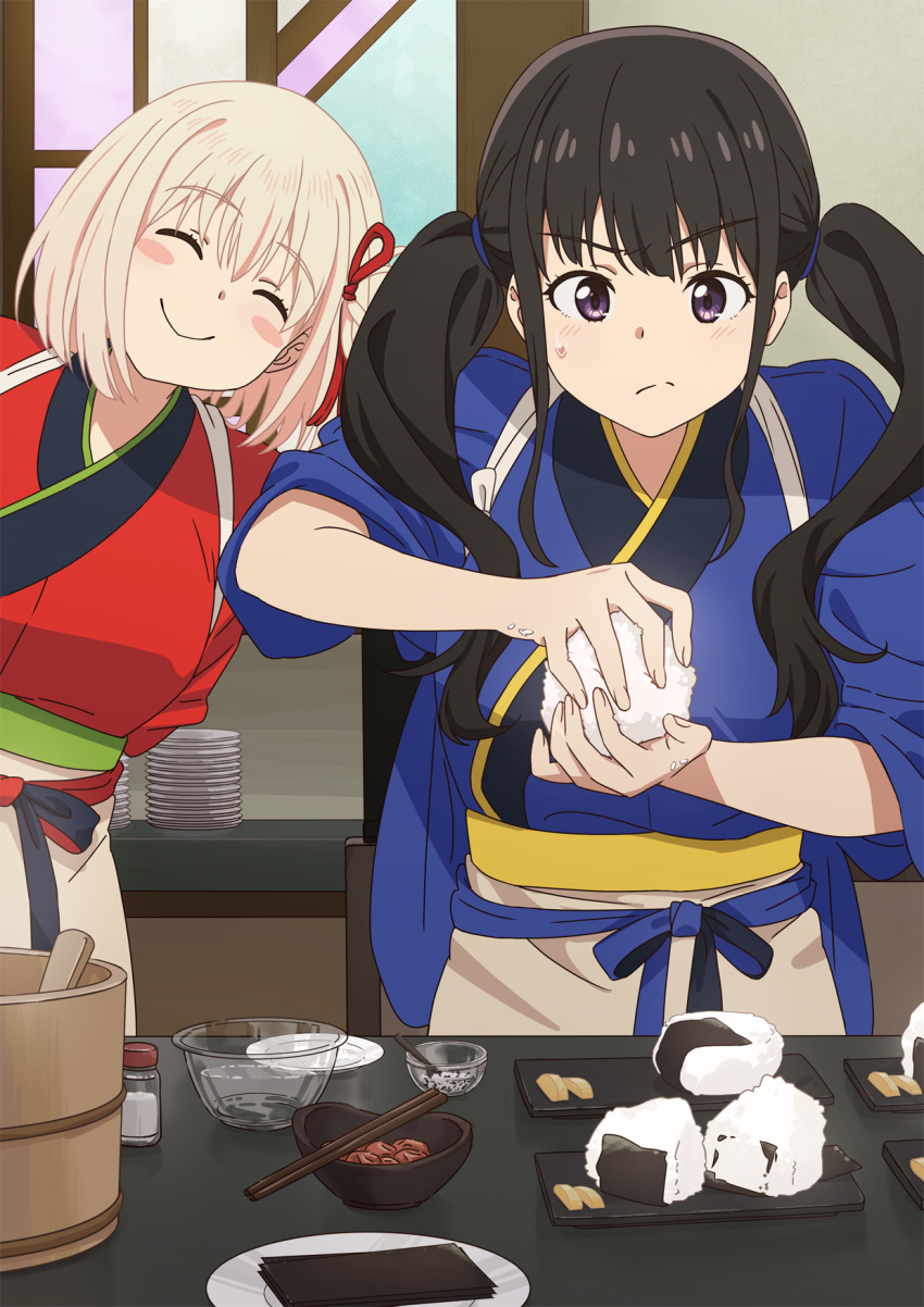 2girls ^_^ asada7101 black_hair blonde_hair blue_kimono blush bob_cut chopsticks closed_eyes closed_mouth commentary_request cooking food hair_ribbon highres indoors inoue_takina japanese_clothes kimono long_hair lycoris_recoil multiple_girls nishikigi_chisato obi official_alternate_costume official_alternate_hairstyle one_side_up onigiri purple_eyes red_kimono red_ribbon ribbon rice sash short_hair short_sleeves smile sweatdrop tasuki twintails