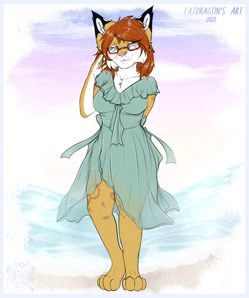 absurd_res anthro bobcat catdragon clothing dress eyewear felid feline female glasses green_clothing green_dress hair hi_res leg_tattoo lynx mammal red_hair riikka solo tattoo teal_eyes