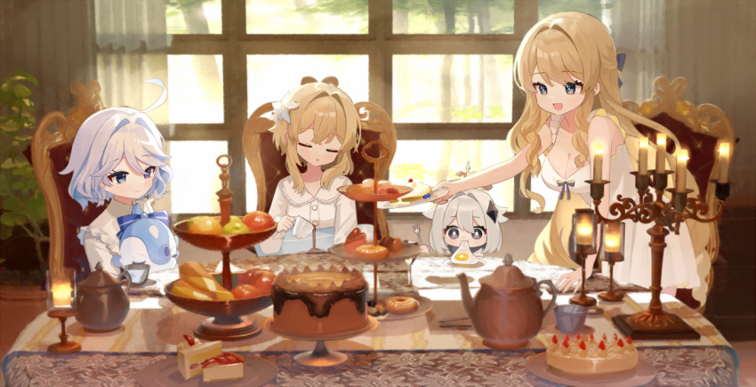 4girls ahoge blonde_hair blue_eyes bread breasts cake candle candlestand cleavage closed_eyes closed_mouth cup day dress eating egg_(food) food fork furina_(genshin_impact) genshin_impact grey_eyes hair_intakes holding holding_cup holding_fork holding_plate indoors large_breasts long_hair lumine_(genshin_impact) medium_hair miyako_draw multiple_girls navia_(genshin_impact) open_mouth paimon_(genshin_impact) plate sitting sleeping smile spilling standing table teacup white_dress white_hair