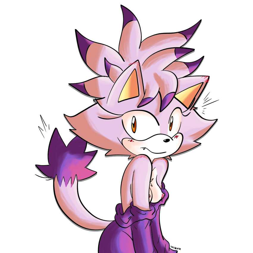 anthro blaze_the_cat blush breasts clothed clothing domestic_cat felid feline felis female hi_res looking_at_viewer mammal nipples sega skybeatz solo sonic_the_hedgehog_(series) topless