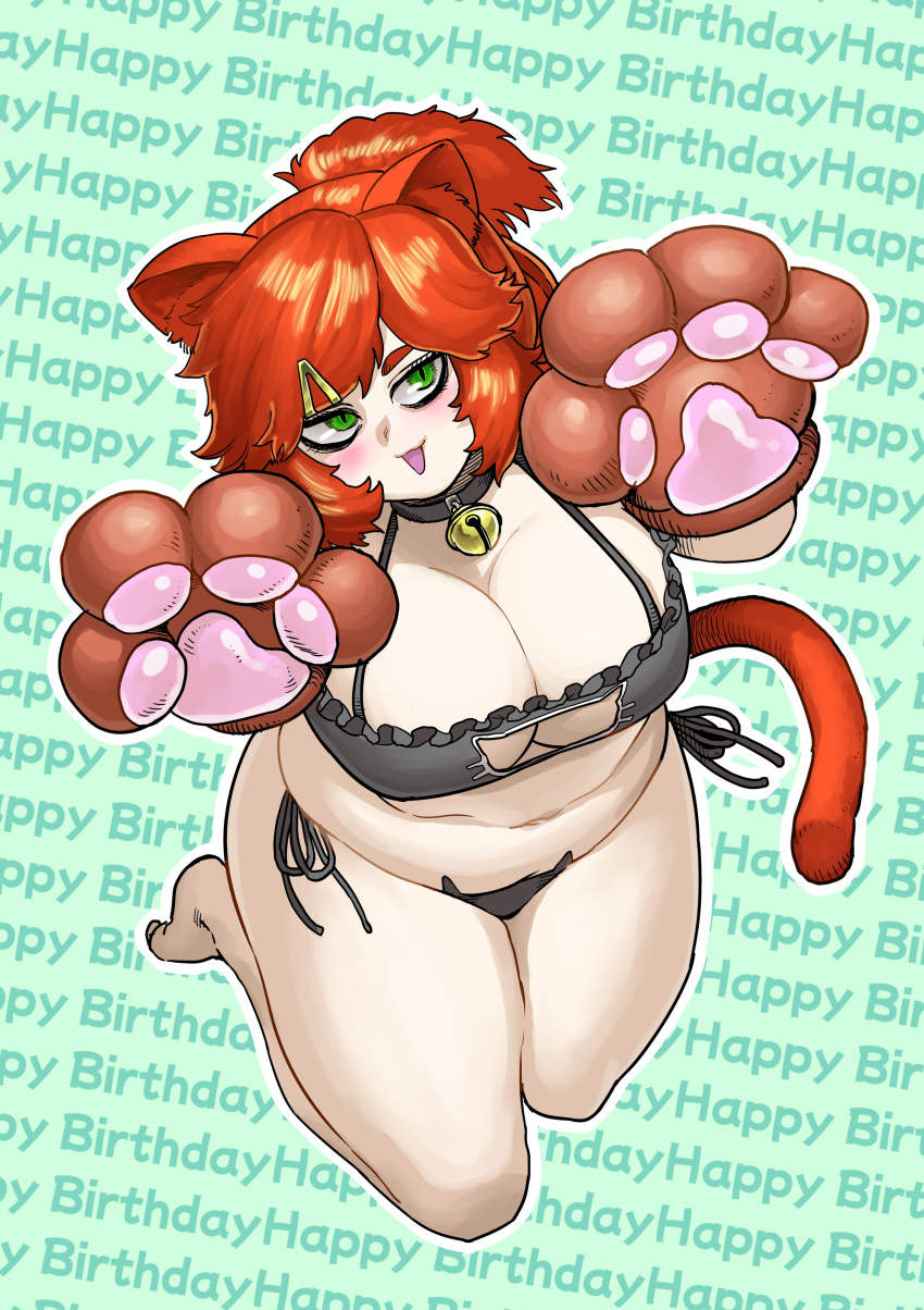 1girl absurdres animal_ear_fluff animal_ears animal_hands bell bikini blush breasts cleavage collar commentary_request full_body gloves green_background green_eyes grey_bikini hair_ornament hairclip happy_birthday highres jingle_bell large_breasts looking_at_viewer medium_hair navel neck_bell open_mouth orange_hair orange_tial original outline paw_gloves plump raikomina side-tie_bikini_bottom solo swimsuit thick_thighs thighs tsurime white_outline yaseinoburo_(artist)