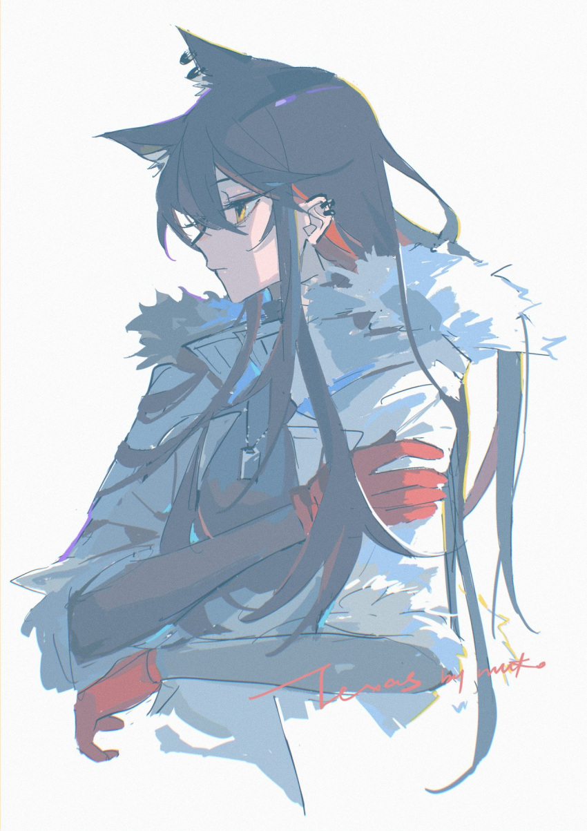 1girl animal_ear_fluff animal_ear_piercing animal_ears arknights black_hair black_shirt character_name colored_inner_hair commentary cropped_torso ear_piercing from_side frown fur-trimmed_jacket fur_trim gloves highres jacket long_hair long_sleeves meng_ziya multicolored_hair piercing red_gloves red_hair shirt signature simple_background sketch solo texas_(arknights) texas_(winter_messenger)_(arknights) white_background white_jacket wolf_ears yellow_eyes
