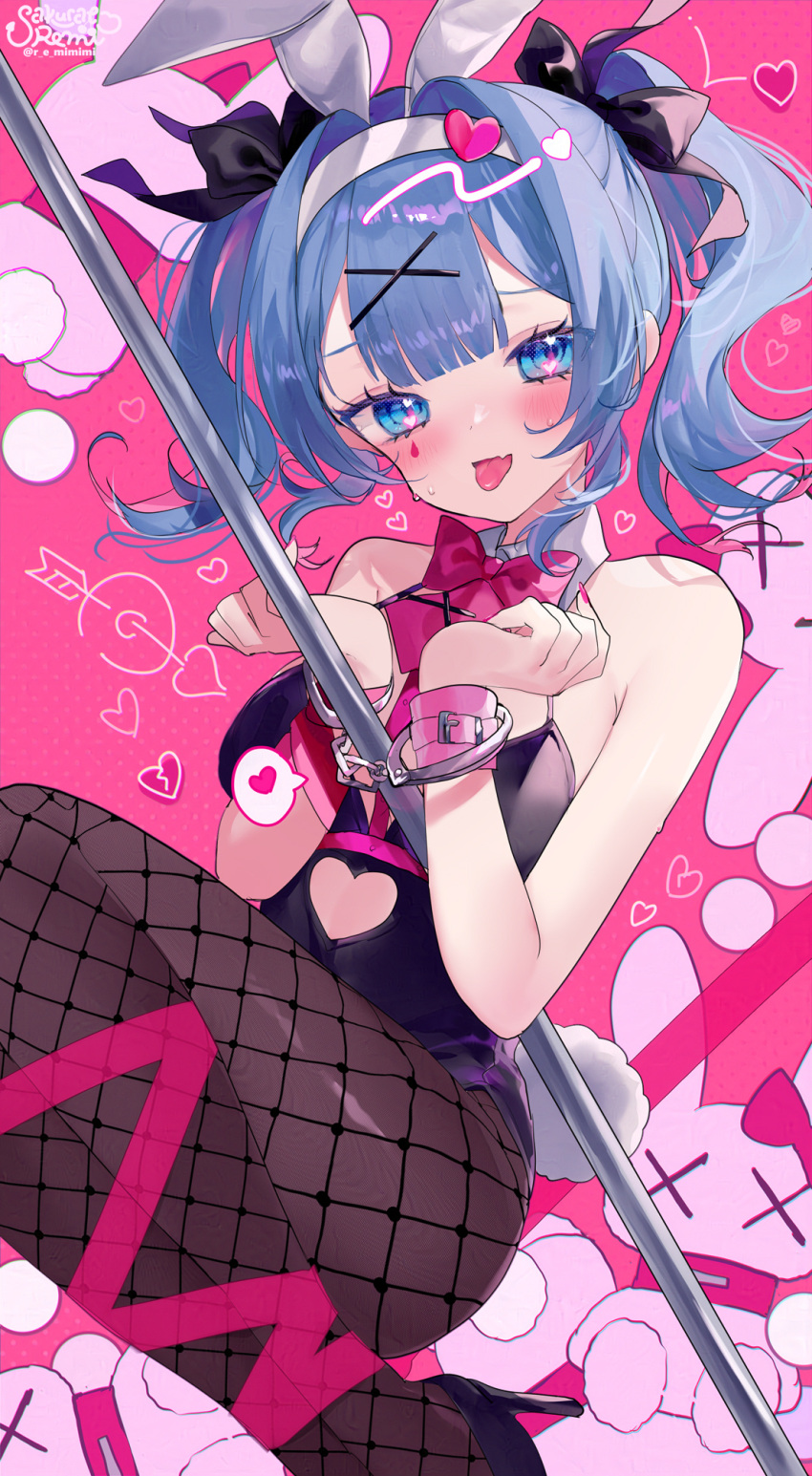1girl :d animal_ears bare_shoulders black_bow black_footwear black_leotard black_pantyhose blue_eyes blue_hair blush bound bound_wrists bow bowtie breasts clothing_cutout cuffs fake_animal_ears fake_tail feet_out_of_frame fishnet_pantyhose fishnets hair_bow handcuffs hatsune_miku heart heart_cutout high_heels highleg highleg_leotard highres large_breasts leotard looking_at_viewer open_mouth own_hands_together pantyhose pink_background pink_pupils pole rabbit_ears rabbit_hole_(vocaloid) rabbit_tail red_bow red_bowtie sakurato_remi short_hair short_twintails simple_background smile solo spoken_heart stomach_cutout stripper_pole tail tongue tongue_out twintails vocaloid