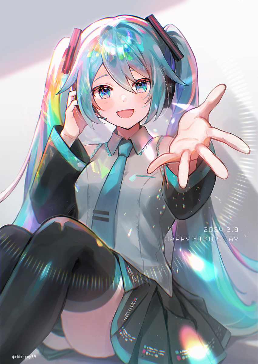 1girl :d absurdres black_skirt black_sleeves black_thighhighs blue_eyes blue_hair blue_necktie blush chikapop39 collared_shirt dated detached_sleeves dot_nose feet_out_of_frame foreshortening frilled_shirt frills grey_shirt hair_ornament hand_on_headwear hatsune_miku headset highres knees_up legs_together lens_flare long_hair long_sleeves looking_at_viewer microphone miku_day miniskirt necktie open_hand open_mouth outstretched_arm pleated_skirt reaching reaching_towards_viewer shirt skirt sleeveless sleeveless_shirt smile solo thighhighs tie_clip twintails twitter_username very_long_hair vocaloid zettai_ryouiki