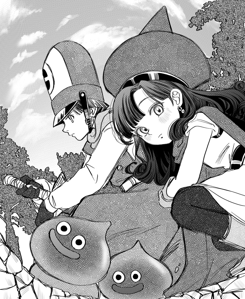 1boy 1girl absurdres alena_(dq4) blush cape clift dragon_quest dragon_quest_iv dress greyscale hat highres long_hair looking_at_viewer monochrome okita_(sukult_4) outdoors sky slime_(creature) squatting sword tree weapon