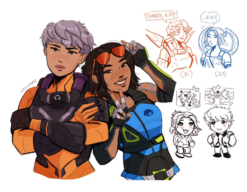 2girls anger_vein apex_legends armor black_gloves blue_nails blue_shirt bodysuit breastplate brown_eyes conduit_(apex_legends) elbow_gloves fingerless_gloves freckles gloves grey_hair hair_behind_ear head_tilt highres jetpack looking_at_viewer mecha medium_hair monarch_(titanfall_2) multiple_girls northstar_(titanfall) orange_bodysuit phoenix_(gayviatorr) robot shirt short_hair smile speech_bubble thought_bubble titan_(titanfall) titanfall_(series) titanfall_2 v valkyrie_(apex_legends) white_background