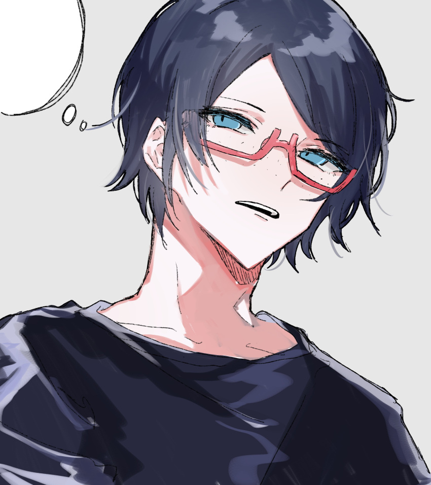 absurdres black_hair blue_eyes character_request collarbone commentary_request copyright_request glasses highres hirako_daishougun looking_at_viewer open_mouth semi-rimless_eyewear short_hair solo teeth thought_bubble under-rim_eyewear upper_body upper_teeth_only