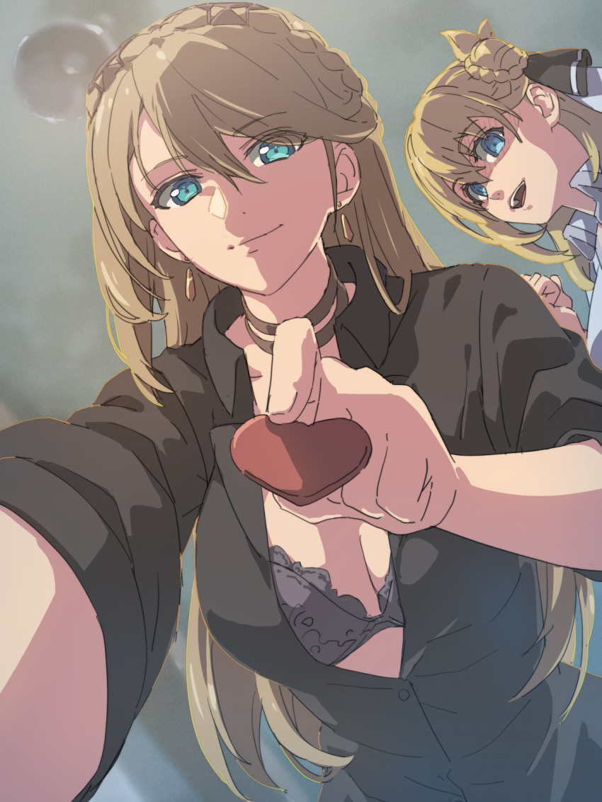 2girls agnes_claudel black_bra blonde_hair blue_eyes bra braid braided_bun candy ceiling_light chiharu_(9654784) chocolate choker crown_braid earrings eiyuu_densetsu elaine_auclair food from_below green_eyes hair_between_eyes hair_bun heart heart-shaped_chocolate highres holding holding_food indoors jewelry kuro_no_kiseki long_hair looking_at_viewer multiple_girls open_mouth parted_bangs partially_unbuttoned pov shaded_face sidelocks single_hair_bun smile unbuttoned unbuttoned_shirt underwear