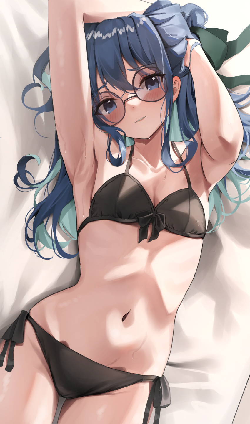 1girl absurdres arm_up bed_sheet bikini black-framed_eyewear black_bikini blue_eyes blue_hair blush breasts cleavage green_ribbon hair_ribbon hand_in_own_hair highres hololive hoshimachi_suisei long_hair looking_at_viewer lying navel on_back ribbon scarlet_(wv0102) side-tie_bikini_bottom smile solo star_(symbol) star_in_eye sweat swimsuit symbol_in_eye tinted_eyewear virtual_youtuber