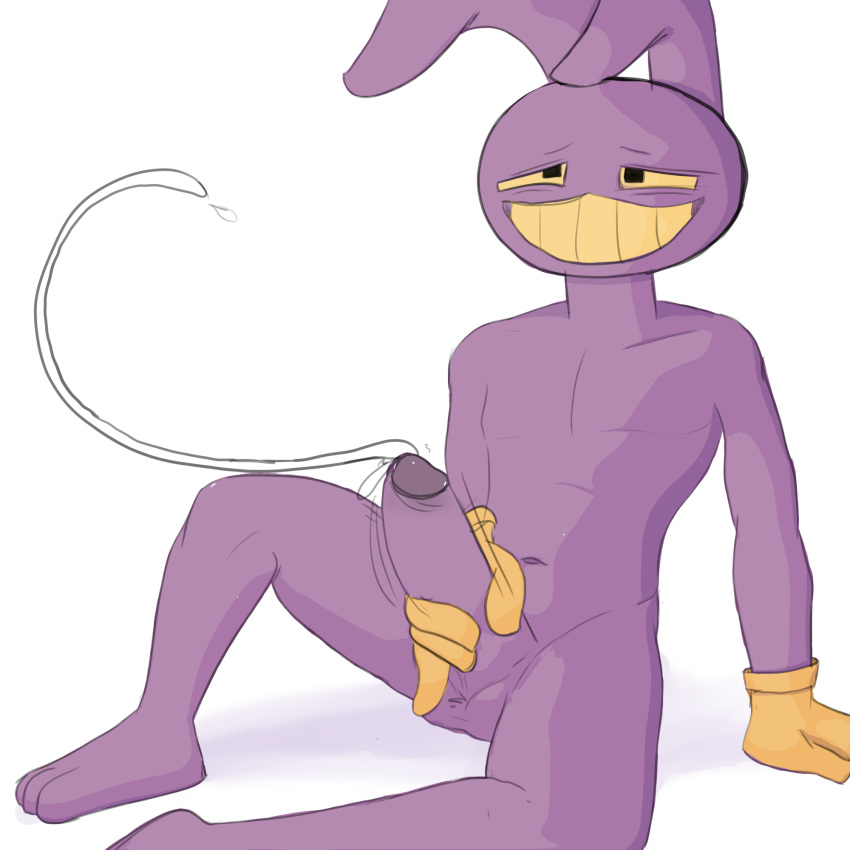 anthro ball_tuft balls bodily_fluids cum cumshot ejaculation erection genital_fluids genitals grin hand_on_ground hi_res jax_(the_amazing_digital_circus) lagomorph leporid male mammal masturbation navel nude penis rabbit relaxing sitting smile solo the_amazing_digital_circus tuft twerpishimp