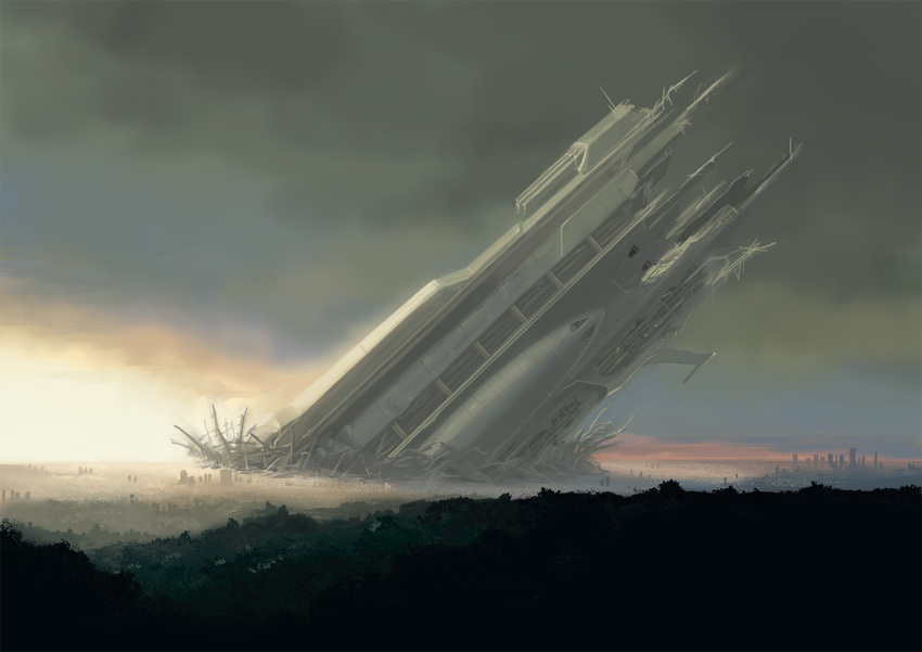 cloud cloudy_sky commentary_request erio_patrol horizon no_humans original outdoors ruins scenery science_fiction sky space_craft wreckage