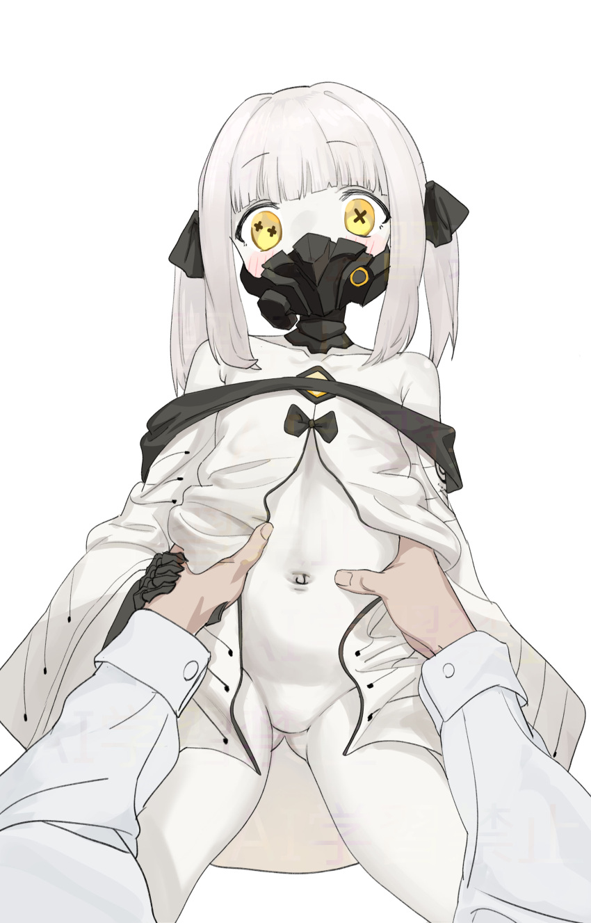 1boy 1girl absurdres ass_visible_through_thighs black_bow blue_archive blush bodysuit bow covered_navel douyadoya ein_(blue_archive) groin hair_bow hands_on_another's_hips highres holding_another's_wrist kantai_collection mask mismatched_pupils mouth_mask off_shoulder pale_skin simple_background skin_tight solo_focus spread_navel stomach symbol-shaped_pupils twintails white_background white_bodysuit white_hair x-shaped_pupils