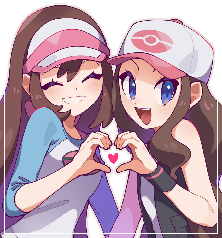 2girls alternate_hairstyle bare_shoulders black_vest blue_eyes brown_hair closed_eyes hair_down hat heart heart_hands heart_hands_duo highres hilda_(pokemon) long_hair looking_at_viewer multiple_girls omochi_(omotimotittona3) open_clothes open_mouth open_vest pokemon pokemon_bw pokemon_bw2 rosa_(pokemon) shirt sleeveless sleeveless_shirt smile teeth upper_body very_long_hair vest visor_cap white_background white_headwear white_shirt