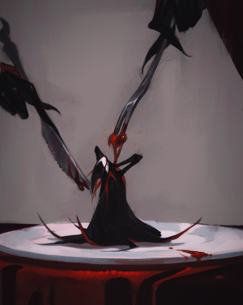 2others absurdres black_cloak blood blood_on_plate bozi_(labochushi) character_request chinese_commentary cloak commentary cutlery dripping_blood fork hand_on_own_chest heart_(organ) highres holding holding_fork holding_knife hollow_knight kneeling knife multiple_others on_plate size_difference