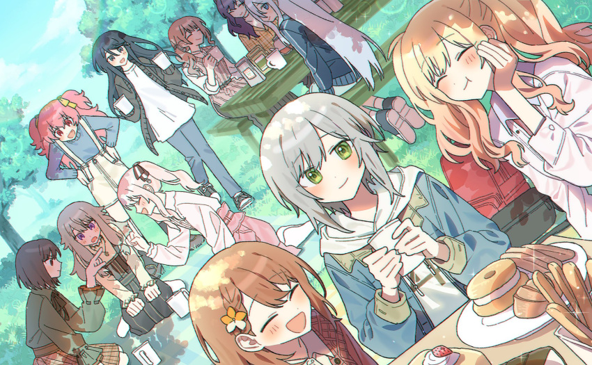 1other 6+girls :d :t akiyama_mizuki asahina_mafuyu backpack bag bagel black_cardigan black_eyes black_footwear black_hair black_skirt blue_eyes blue_jacket blue_pants blue_shirt blush braid bread bread_slice breadstick brown_eyes brown_hair brown_skirt cardigan chewing closed_mouth cocov collared_shirt cup day dutch_angle everyone facing_another facing_viewer food full_body grass green_eyes green_shirt grey_hair hair_behind_ear hanasato_minori hand_on_own_cheek hand_on_own_face hand_up hands_on_own_hips hands_on_own_knees high-waist_skirt highres hinomori_shiho holding holding_cup hood hood_down hoodie hoshino_ichika_(project_sekai) index_finger_raised jacket kusanagi_nene lens_flare long_hair long_sleeves looking_at_another looking_at_viewer miniskirt mochizuki_honami momoi_airi multiple_girls nature open_cardigan open_clothes open_jacket open_mouth orange_hair outdoors pants park picnic_table pink_eyes pink_hair pink_shirt pink_skirt plaid plaid_skirt plate pleated_skirt pointing profile project_sekai purple_eyes purple_hair shinonome_ena shirt shoes short_hair shorts side_ponytail sitting skirt smile socks straight_hair suspender_shorts suspender_skirt suspenders table tenma_saki toast track_jacket tree twintails two_side_up walking wariza white_hoodie white_shirt white_shorts white_socks yoisaki_kanade