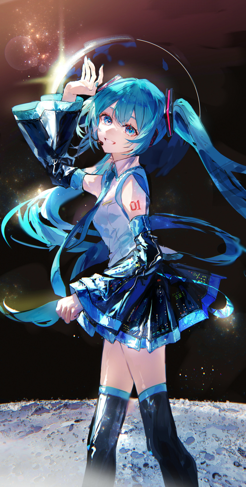 1girl absurdres bare_shoulders black_skirt black_sleeves black_thighhighs blue_eyes blue_hair blue_necktie commentary_request detached_sleeves eclipse hair_ornament hand_up hatsune_miku headset highres karanagare long_hair looking_at_viewer necktie number_tattoo pleated_skirt shirt skirt sleeveless sleeveless_shirt smile solo space star_(sky) tattoo teeth thighhighs twintails very_long_hair vocaloid white_shirt