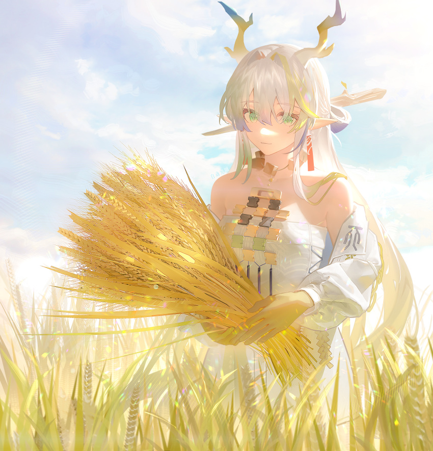 1girl absurdres antlers arknights bare_shoulders blonde_hair blue_hair branch breasts cloud colored_skin day dress earrings green_eyes guang_quan hair_between_eyes hair_ornament hair_stick highres holding_wheat horns jewelry light_smile long_hair long_sleeves looking_at_viewer outdoors pointy_ears shu_(arknights) sky small_breasts solo tassel tassel_earrings very_long_hair wheat_field white_dress white_hair