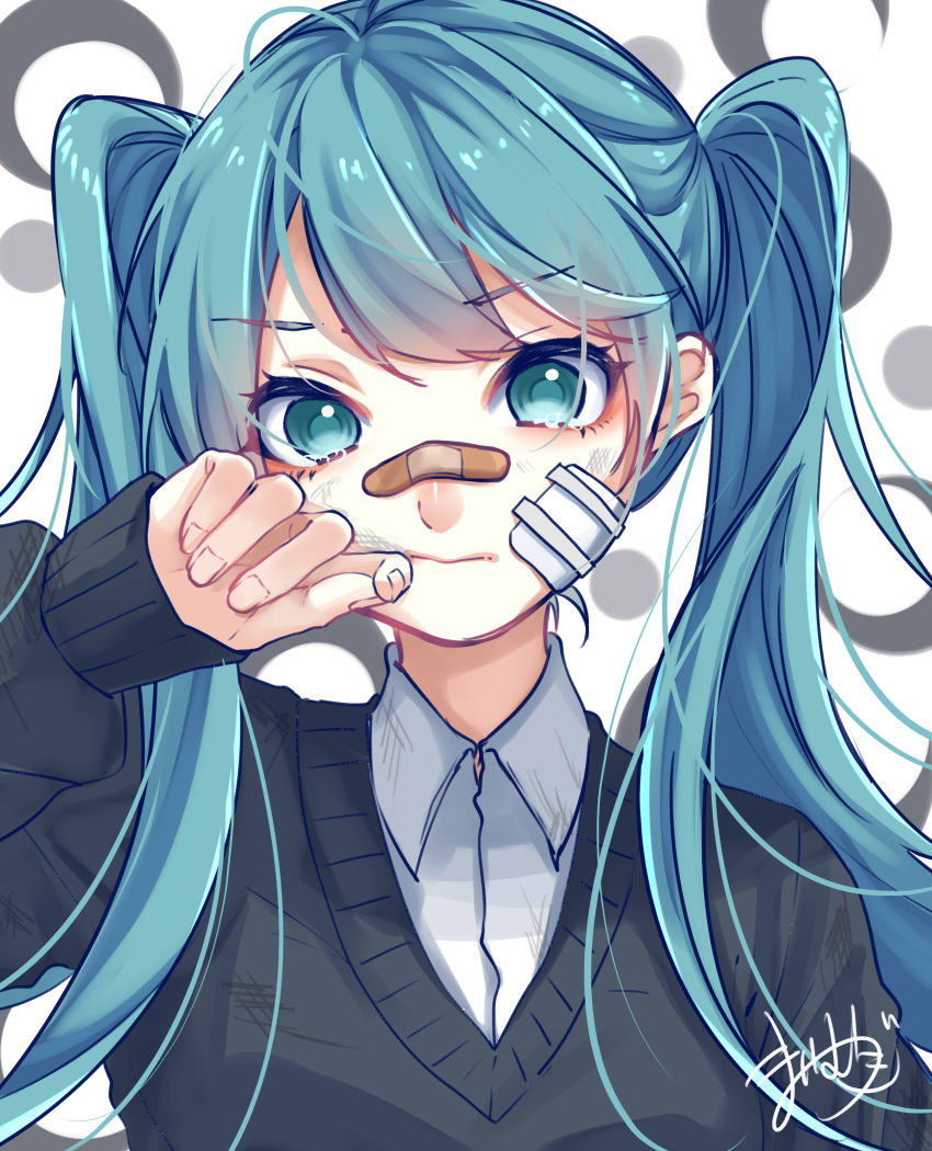 1girl :| absurdres bandaid bandaid_on_face bandaid_on_nose black_sweater blue_eyes blue_hair bruise closed_mouth collared_shirt crescent gauze_on_cheek hand_on_own_cheek hand_on_own_face hatsune_miku highres injury long_hair long_sleeves looking_at_viewer mai_mugi portrait raised_eyebrows rolling_girl_(vocaloid) shirt sidelocks signature simple_background sleeves_past_wrists solo straight-on sweater twintails upper_body v-neck vocaloid white_background white_shirt