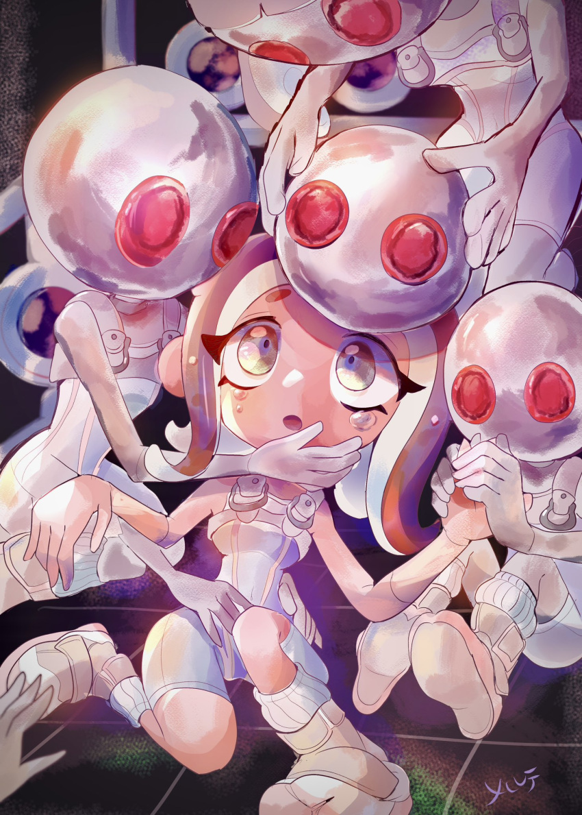 4girls :o agent_8_(splatoon) bodysuit brown_hair colored_skin commentary_request covered_navel eyelashes grey_skin highres jelleton medium_hair merute_spla multiple_girls octoling octoling_girl octoling_player_character parallel_canon red_eyes shoes sitting sleeveless sleeveless_bodysuit socks splatoon_(series) splatoon_3 splatoon_3:_side_order tears tentacle_hair white_bodysuit white_footwear white_socks