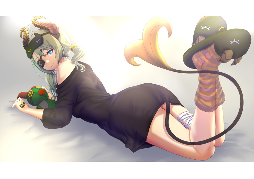 1girl absurdres black_dress blue_eyes brown_horns brown_socks closed_mouth commentary curled_horns demon_girl demon_horns demon_tail dress eyepatch full_body green-framed_eyewear highres horns konekoneko_(konekopi) long_sleeves looking_at_viewer looking_back low_twintails lying medium_bangs medium_hair nanashi_inc. on_stomach sekishiro_mico short_dress single_bare_shoulder sleep_mask slippers smile socks solo striped_clothes striped_socks stuffed_demon tail the_pose twintails virtual_youtuber