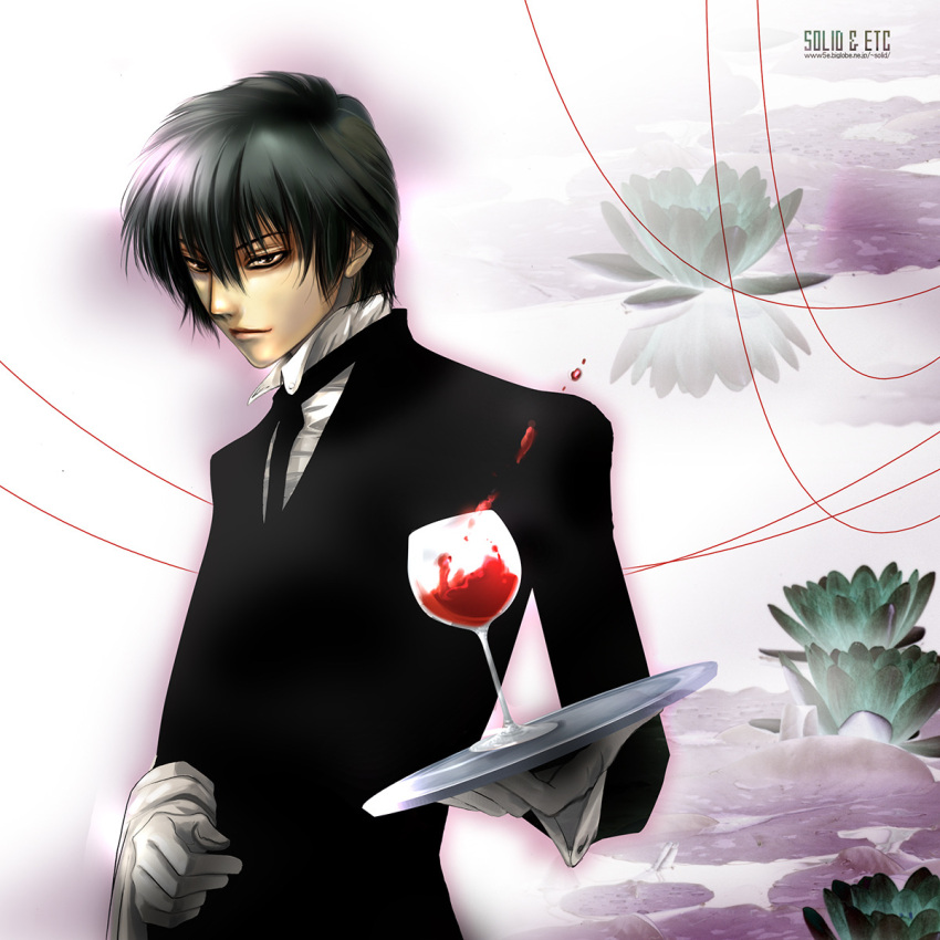 1boy alcohol artist_name black_hair black_jacket brown_hair butler glass gloves hellsing hellsing:_the_dawn highres holding holding_towel holding_tray jacket light_smile lily_pad male_focus solo string toshimichi_yukari towel tray upper_body walter_c._dornez web_address white_gloves wine