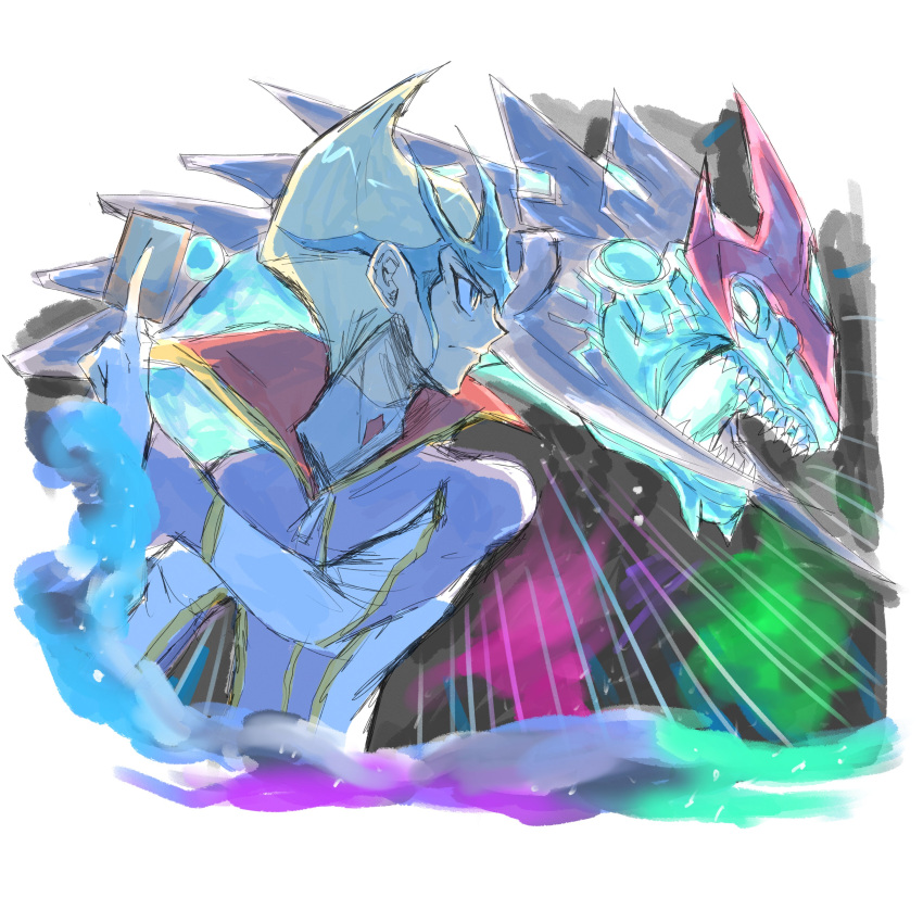 1boy absurdres blonde_hair card dragon galaxy-eyes_photon_dragon glowing highres holding holding_card sharp_teeth teeth tenjou_kaito upper_body vincent_graphic_art white_background yu-gi-oh! yu-gi-oh!_zexal