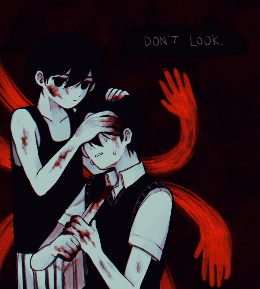 2boys bare_arms black_eyes black_hair black_shorts black_sweater_vest black_tank_top blood blood_on_arm blood_on_face blood_on_hands blood_on_knife clenched_teeth closed_mouth collarbone collared_shirt colored_skin crying dual_persona english_text extra_arms hair_behind_ear hair_between_eyes hands_on_another's_head highres holding holding_knife imminent_suicide knife looking_at_viewer multiple_boys no_pupils omo_taru omori omori_(omori) shirt short_hair short_sleeves shorts striped_clothes striped_shorts sunny_(omori) sweater_vest tank_top teeth vertical-striped_clothes vertical-striped_shorts white_shirt white_shorts white_skin