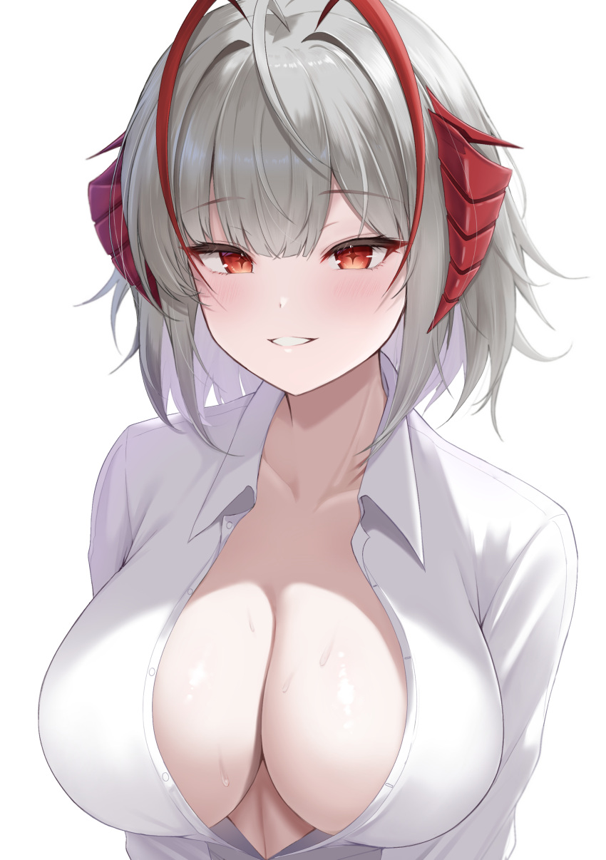 1girl absurdres ahoge antennae arknights breasts cleavage collared_shirt dinosaurus_(azimangasaurus) grey_hair highres horns large_breasts looking_at_viewer medium_hair parted_lips red_eyes shirt simple_background solo sweat upper_body w_(arknights) white_background white_shirt