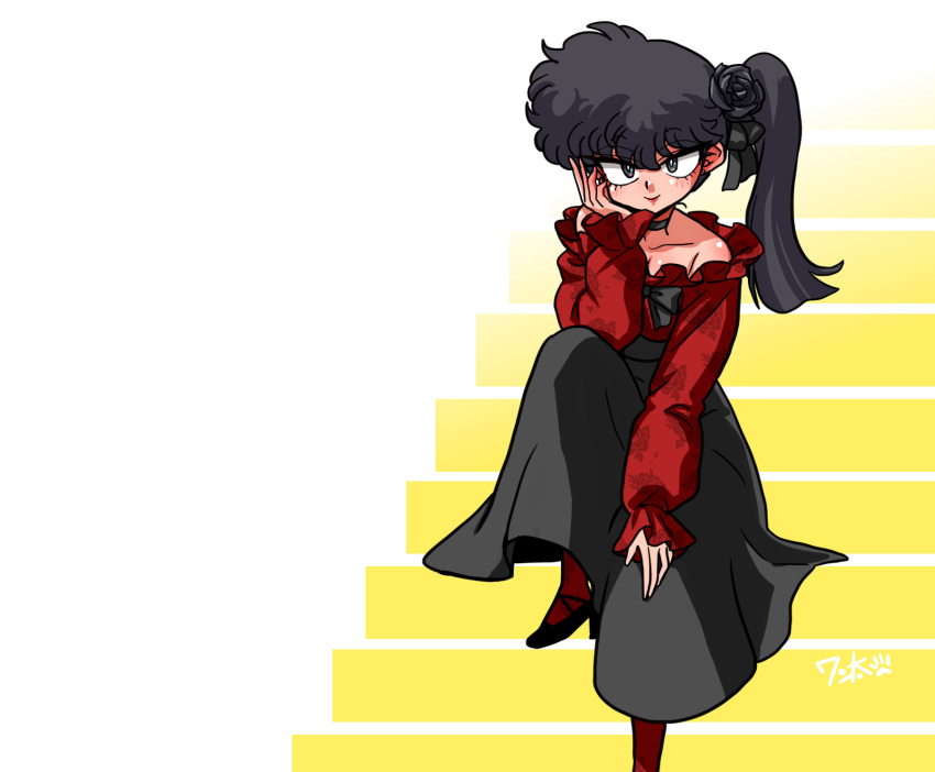 1girl bare_shoulders black_bow black_choker black_flower black_footwear black_hair black_rose black_skirt bow choker flower grey_eyes hair_bow hand_on_own_cheek hand_on_own_face hand_on_own_knee highres kunou_kodachi looking_at_viewer pantyhose ranma_1/2 red_pantyhose red_shirt rose shirt side_ponytail signature sitting sitting_on_stairs skirt smile stairs two-tone_background wanta_(futoshi)