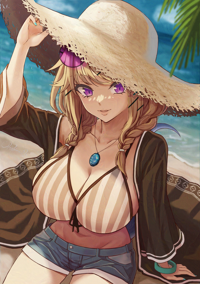 1girl absurdres aqua_nails arknights beach blonde_hair braid breasts cleavage eyewear_on_head feet_out_of_frame hat highres jewelry large_breasts looking_at_viewer necklace ocean okashira2ki outdoors purple_eyes short_shorts shorts sitting smile solo sun_hat utage_(arknights) utage_(summer_flowers)_(arknights)