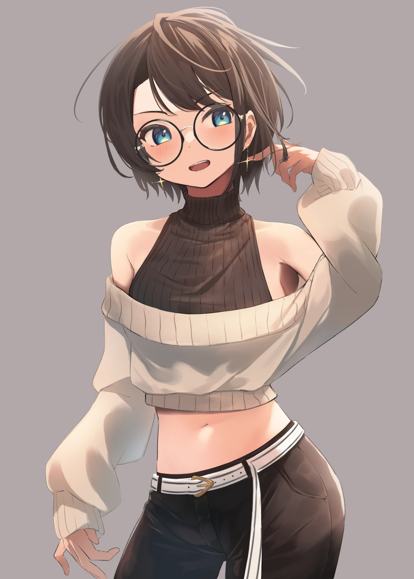 1girl absurdres alternate_costume bangs belt bespectacled black-framed_eyewear black_hair black_pants black_shirt blue_eyes blush breasts casual commentary contrapposto cowboy_shot crop_top cropped_shirt cropped_sweater earrings eyebrows_visible_through_hair glasses grey_background grey_sweater hand_in_hair highres hololive jewelry looking_to_the_side medium_breasts midriff navel off-shoulder_sweater off_shoulder oozora_subaru open_mouth pants ribbed_shirt round_eyewear shirt short_hair simple_background sl10_d sleeveless sleeveless_shirt smile solo standing sweater swept_bangs turtleneck v-shaped_eyebrows virtual_youtuber white_belt