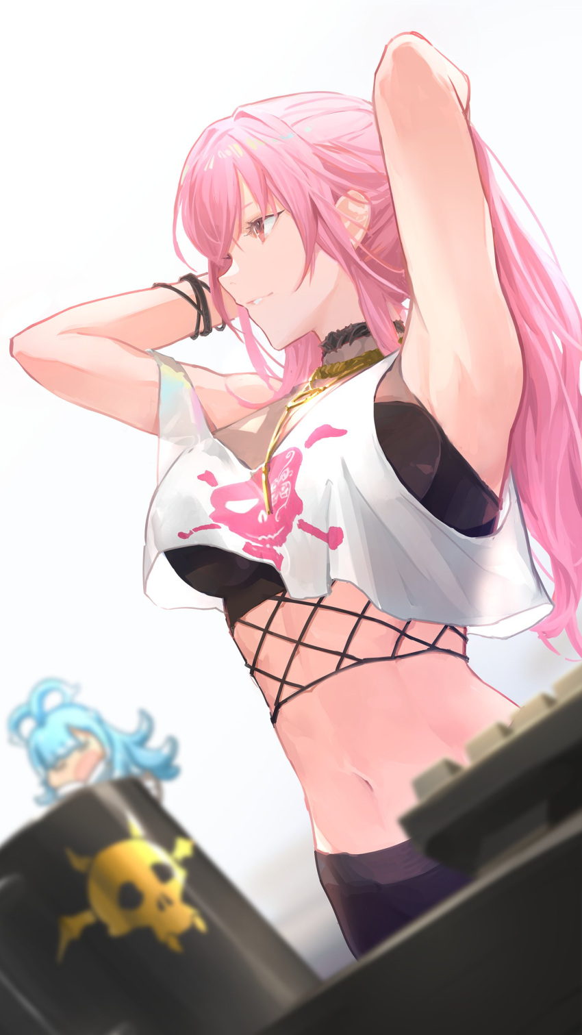 1girl :d absurdres armpits arms_up black_pants black_sports_bra cowboy_shot cropped_shirt from_side grin hair_between_eyes hands_in_hair highres hololive hololive_english hololive_indonesia kobo_kanaeru looking_ahead mori_calliope navel open_mouth pants pink_eyes pink_hair ponytail print_shirt profile shirt simple_background slalart smile solo sports_bra stomach teeth virtual_youtuber white_background white_shirt