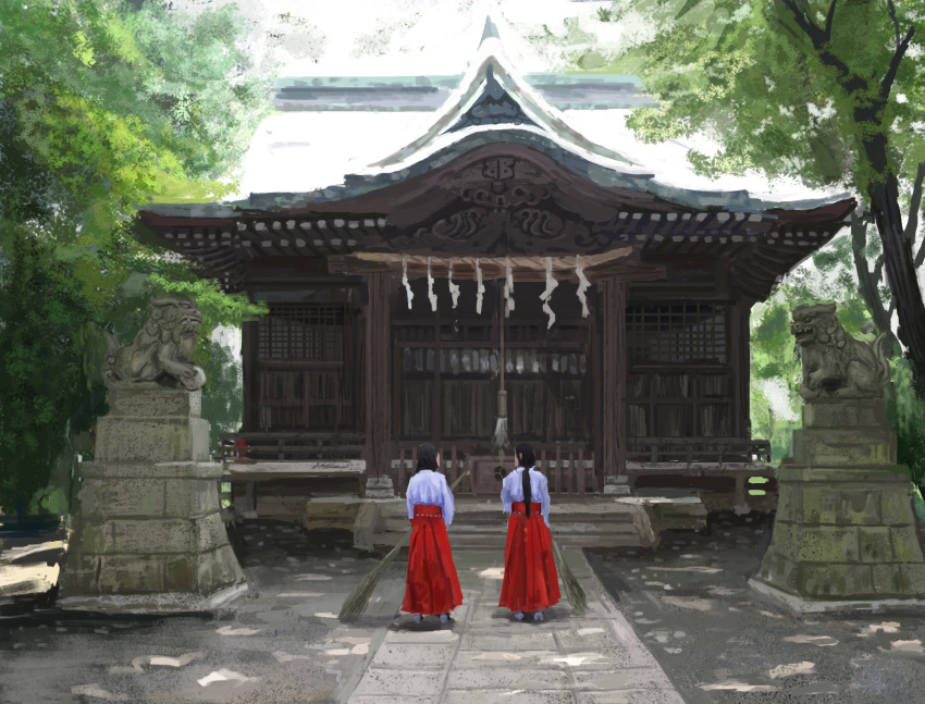 2girls ame_sagari black_hair broom cobblestone commentary day from_behind full_body hakama hakama_skirt high-waist_skirt highres holding holding_broom japanese_clothes long_hair long_skirt long_sleeves miko multiple_girls original outdoors ponytail red_hakama red_skirt rope scenery shide shimenawa shirt short_hair shrine skirt socks statue tree white_shirt white_sleeves white_socks wide_shot