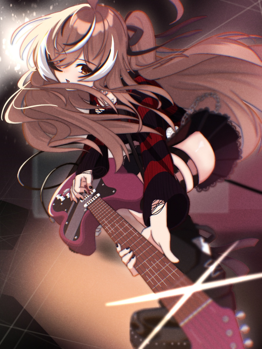 1girl ahoge belt_chain black_choker black_leg_warmers black_nails black_sweater blurry brown_eyes brown_hair choker chromatic_aberration depth_of_field electric_guitar emo_fashion foreshortening guitar hair_over_one_eye heart heart_choker highres holding holding_guitar holding_instrument holding_plectrum hololive hololive_english huge_ahoge instrument long_hair multicolored_hair music nanashi_mumei nanashi_mumei_(4th_costume) official_alternate_costume one_side_up platform_footwear playing_instrument plectrum red_sweater shishi_cc stage stage_lights streaked_hair striped_clothes striped_sweater sweater thigh_strap torn_clothes torn_sweater two-tone_sweater very_long_hair virtual_youtuber wire