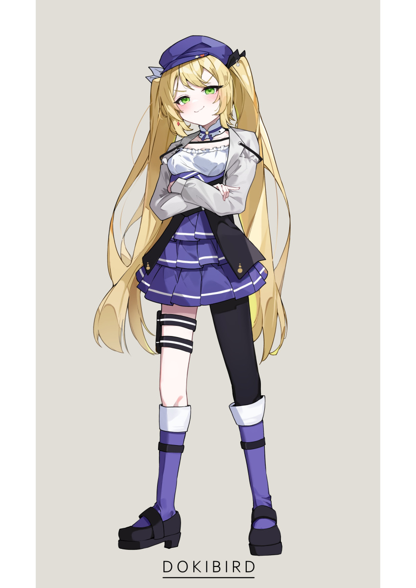 1girl absurdres blonde_hair blue_headwear blue_skirt boots breasts brown_background character_name choker closed_mouth cropped_jacket crossed_arms dokibird_(vtuber) earrings full_body green_eyes grey_jacket hat highres holster indie_virtual_youtuber jacket jewelry knee_boots long_hair long_sleeves mnemo_(mnemorikriyairo) open_clothes open_jacket single_earring single_leg_pantyhose skirt small_breasts smile solo standing thigh_holster twintails very_long_hair virtual_youtuber