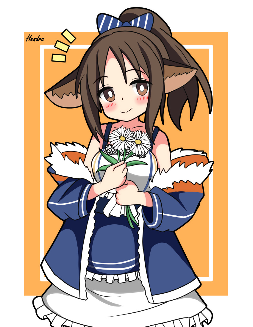 1girl absurdres animal_ears arknights bare_shoulders blue_bow blue_jacket blue_shirt blush border bow brown_eyes brown_hair closed_mouth collarbone cowboy_shot daisy dot_nose flower frilled_shirt frilled_skirt frills fur-trimmed_jacket fur_trim hair_bow hendra highres holding holding_flower inset_border jacket long_sleeves looking_at_viewer notice_lines off_shoulder open_clothes open_jacket orange_background own_hands_together parted_bangs perfumer_(arknights) shirt signature simple_background skirt sleeveless sleeveless_shirt smile solo white_border white_skirt