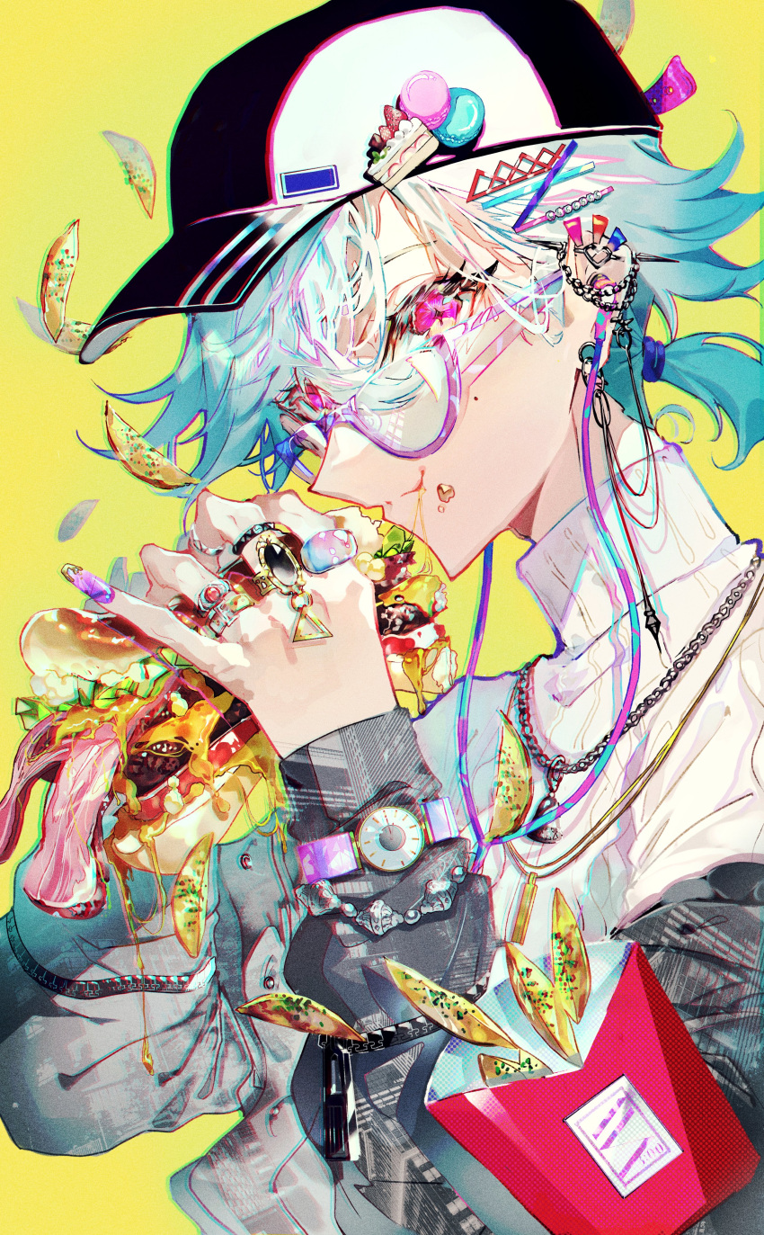 1other absurdres bacon bangs black_jacket blue_hair blurry chromatic_aberration closed_mouth ear_piercing earrings fast_food food french_fries from_side glasses hair_between_eyes hair_tie hands_up hat highres holding holding_food jacket jewelry looking_at_viewer mole mole_under_eye mura_karuki original piercing pink_eyes ring sandwich short_hair sideways_glance solo sweater upper_body watch white_sweater yellow_background