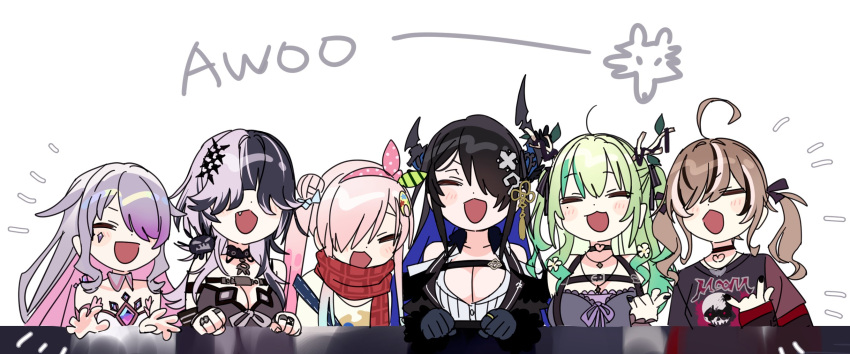 6+girls adapted_costume airani_iofifteen alternate_hairstyle asymmetrical_horns black_hair blue_hair breasts ceres_fauna chibi colored_inner_hair covered_eyes demon_horns grey_hair hair_over_eyes hair_over_one_eye highres hololive hololive_english horns koseki_bijou large_breasts long_bangs long_hair mole mole_under_eye multicolored_hair multiple_girls nanashi_mumei nerissa_ravencroft official_alternate_costume one_eye_covered purple_eyes shiori_novella virtual_youtuber yomosaka