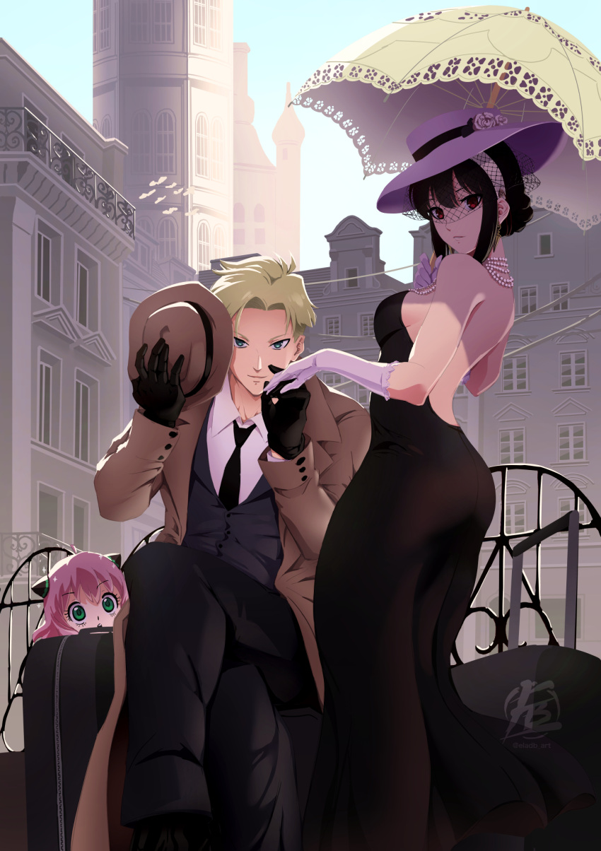 1boy 2girls anya_(spy_x_family) artist_logo ass backless_dress backless_outfit black_dress black_hair black_necktie black_pants black_vest blue_eyes breasts brown_coat brown_headwear child city coat collared_shirt crossed_legs dress earrings eladb_art elbow_gloves english_commentary family gloves gold_earrings green_eyes hair_bun hairpods hat highres holding holding_clothes holding_hands holding_hat holding_umbrella jewelry large_breasts long_dress multiple_girls necklace necktie outdoors pants pearl_necklace pink_hair red_eyes shirt sideboob sidelocks sky spy_x_family suitcase sun_hat twilight_(spy_x_family) umbrella vest white_gloves white_headwear white_shirt yor_briar