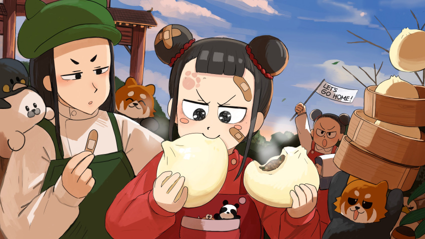 3girls :o absurdres bandaid bandaid_on_face baozi bare_tree bird black_eyes black_hair blush_stickers cloud cloudy_sky diva_(hyxpk) double_bun doughnut_stamp duck eating english_commentary food green_headwear green_overalls hair_bun highres multiple_girls older_panda_keeper_(diva) outdoors overalls pocket red_overalls red_panda red_shirt shirt siblings sisters sky steam stuffed_animal stuffed_penguin stuffed_seal stuffed_toy survey_girl_(diva) tree v-shaped_eyebrows white_shirt younger_panda_keeper_(diva) zoo zookeeper zookeepers_(diva)