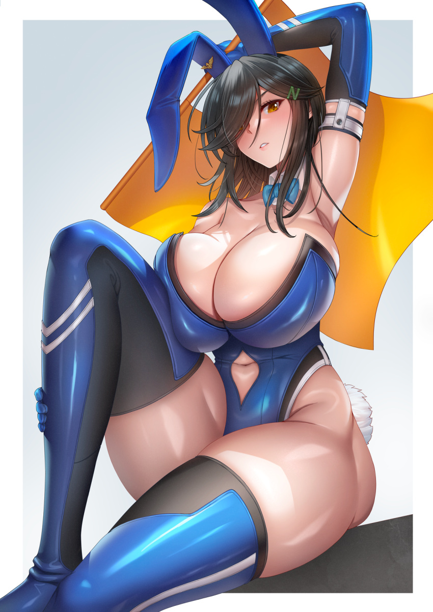 1girl armpits black_hair boots borrowed_character bow bowtie breasts brick_(atelier_brick) cleavage clothing_cutout commission detached_collar elbow_gloves flag genderswap genderswap_(mtf) gloves hair_over_one_eye highres large_breasts long_bangs navel_cutout original pixiv_commission playboy_bunny rabbit_tail tail thick_thighs thigh_boots thighs yellow_eyes