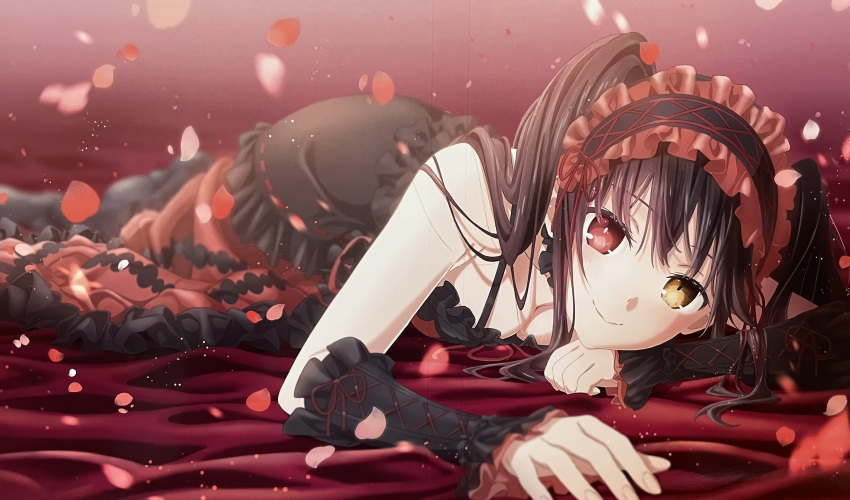 1girl absurdres bare_shoulders black_hair breasts cleavage clock_eyes date_a_live date_a_live:_date_a_bullet detached_sleeves dress dyantocialong_(user_ryvm5275) gothic_lolita hairband heterochromia highres lolita_fashion lolita_hairband long_hair looking_at_viewer lying medium_breasts petals red_eyes ribbon roman_numeral smile solo symbol-shaped_pupils tokisaki_kurumi twintails uneven_twintails yellow_eyes